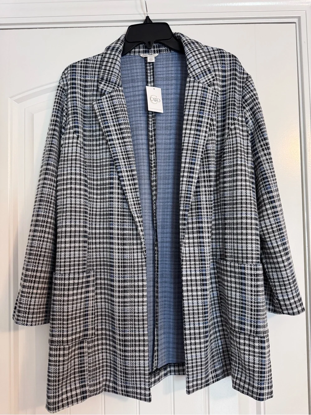 Cato Women's Black and Light Blue Plaid Open-Front Blazer - Picture 1 of 4
